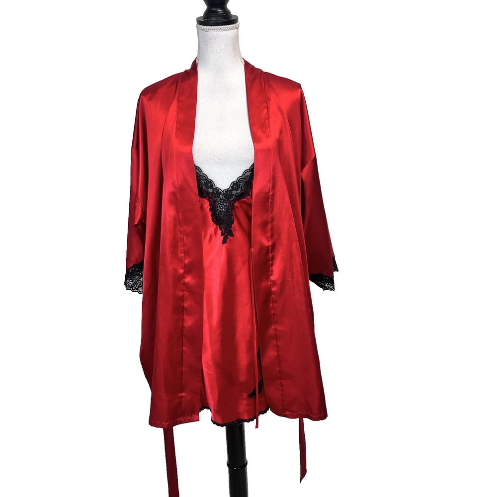 Vintage Frederick's of Hollywood Red Nightie Robe Lingerie Peignoir Set sz Large